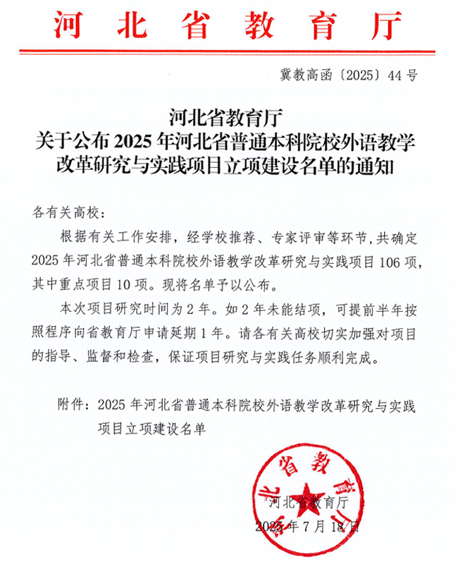 我校英语教改项目获河北省高等学校外语教学改革研究与实践项目立项